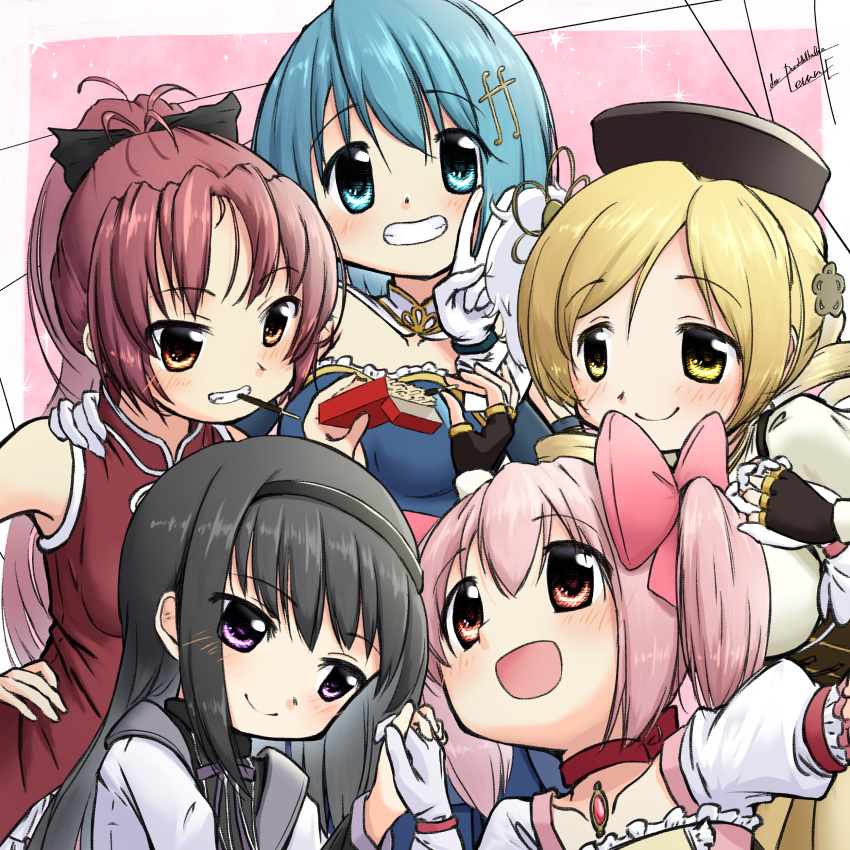 5girls, absurdres, akemi_homura, black_hair, black_ribbon, blonde_hair, blue_eyes, blue_hair