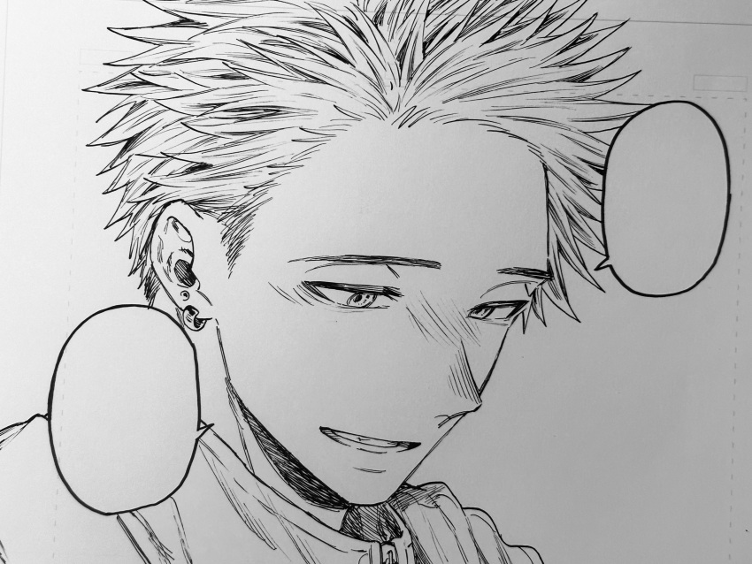 1boy, absurdres, blank_speech_bubble, commentary_request, earclip, graphite_(medium), highres, kaoru_hana_wa_rin_to_saku