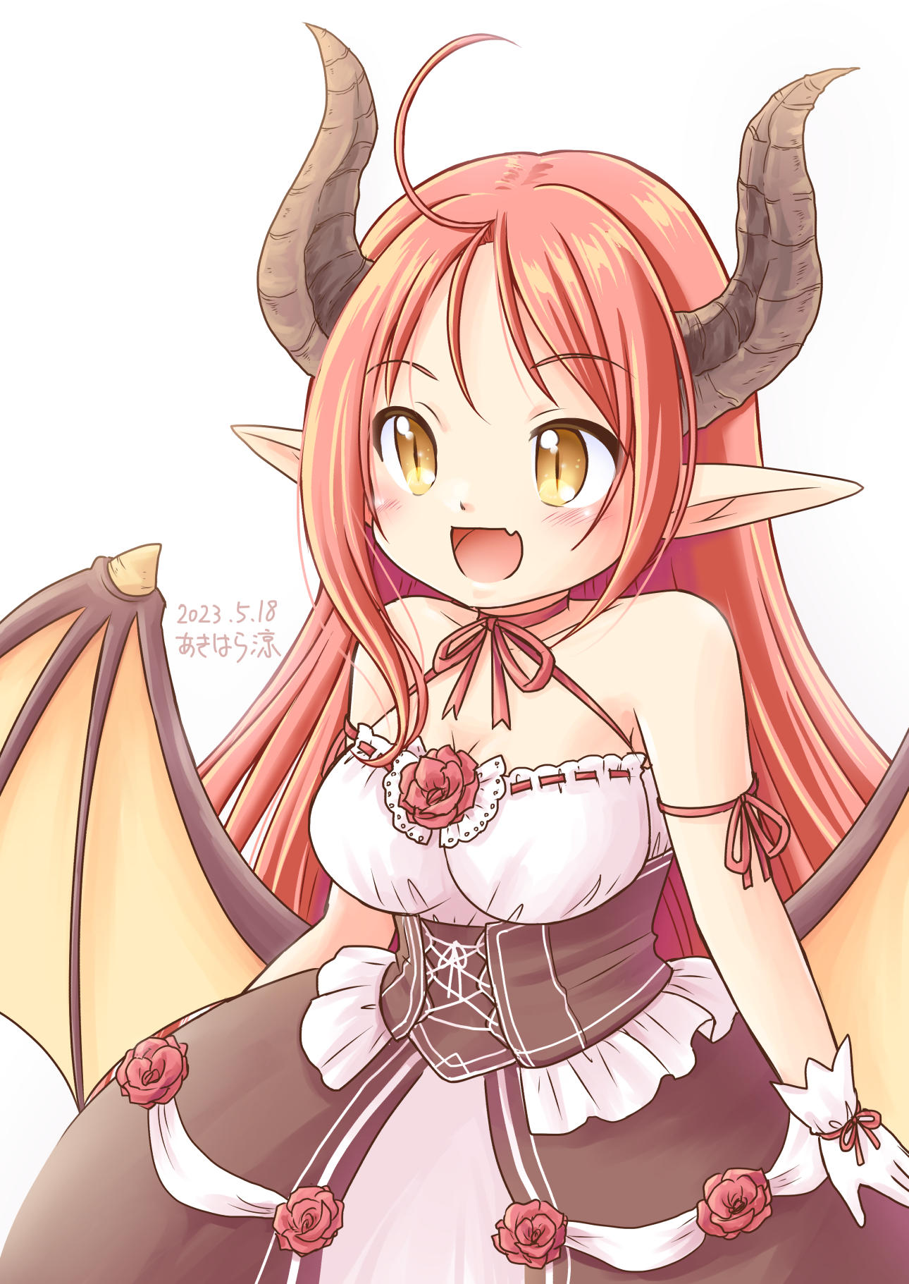 1girl, ahoge, akihara_ryou, artist_name, breasts, corset, dated, dragon_girl, dragon_horns, dragon_tail, dragon_wings, dress, elf, frilled_dress, frills, gloves, highres, horns, iris_mysteria!, large_breasts, open_mouth, oppai_loli, pointy_ears, red_hair, sharon_oliva, smile, tail, white_background, white_gloves, wings, yellow_eyes