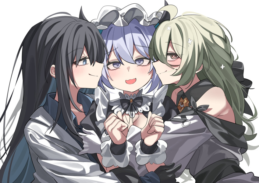 3girls, ahoge, black_gloves, black_hair, blue_eyes, blue_hair, blue_shirt, blush, closed_mouth, coat, collared_shirt, commentary, commission, cross-shaped_pupils, de_lacey_(neural_cloud), de_lacey_(pollen_pulse)_(neural_cloud), english_commentary, female_professor_(neural_cloud), girls'_frontline_neural_cloud, girls_frontline, gloves, green_hair, highres, horns, hug, long_hair, looking_at_another, looking_at_viewer, maid, maid_headdress, multiple_girls, official_alternate_costume, open_mouth, professor_(neural_cloud), rirua_(kjom802), second-party_source, shirt, simple_background, smile, symbol-shaped_pupils, undine_(clumsy_band's_maid_service)_(neural_cloud), undine_(neural_cloud), upper_body, violet_eyes, white_background, white_coat