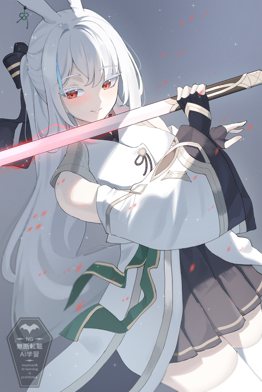 absurdres, animal_ears, bare_shoulders, black_gloves, black_skirt, blush, closed_mouth, detached_sleeves, fingerless_gloves, gloves, highres, holding, holding_sword, holding_weapon, japanese_clothes, katana, kimono, kurochomo, long_hair, looking_at_viewer, maplestory, pleated_skirt, ponytail, rabbit_ears, rabbit_girl, red_eyes, skirt, sword, usagi_(kokuchou_no_psychedelica), weapon, white_hair, white_kimono