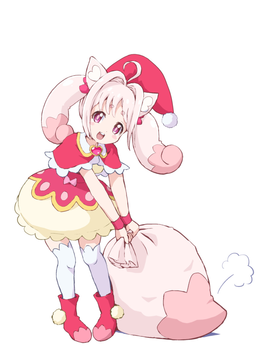 1girl, :d, ahoge, animal_ears, boots, bow, bracelet, brooch, capelet, collared_capelet, delicious_party_precure, fox_ears, fox_girl, fox_tail, full_body, hair_bow, hair_intakes, hair_ornament, hat, heart, heart_brooch, highres, holding, holding_sack, jewelry, kome-kome, kome-kome_(human), long_hair, looking_at_viewer, open_mouth, pink_boots, pink_bow, pink_capelet, pink_eyes, pink_hair, pink_hat, pink_skirt, pom_pom_(clothes), pom_pom_hair_ornament, precure, sack, santa_costume, santa_hat, simple_background, skirt, smile, solo, standing, tail, teeth, thigh-highs, twintails, two-tone_skirt, upper_teeth_only, white_background, white_thighhighs, yakizakana10967, yellow_skirt