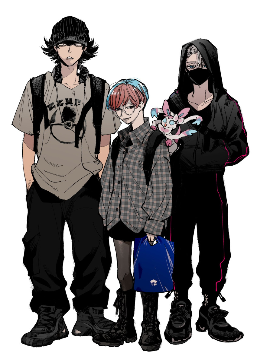0020xl, 1girl, 2boys, animal_on_shoulder, atticus_(pokemon), backpack, bag, beanie