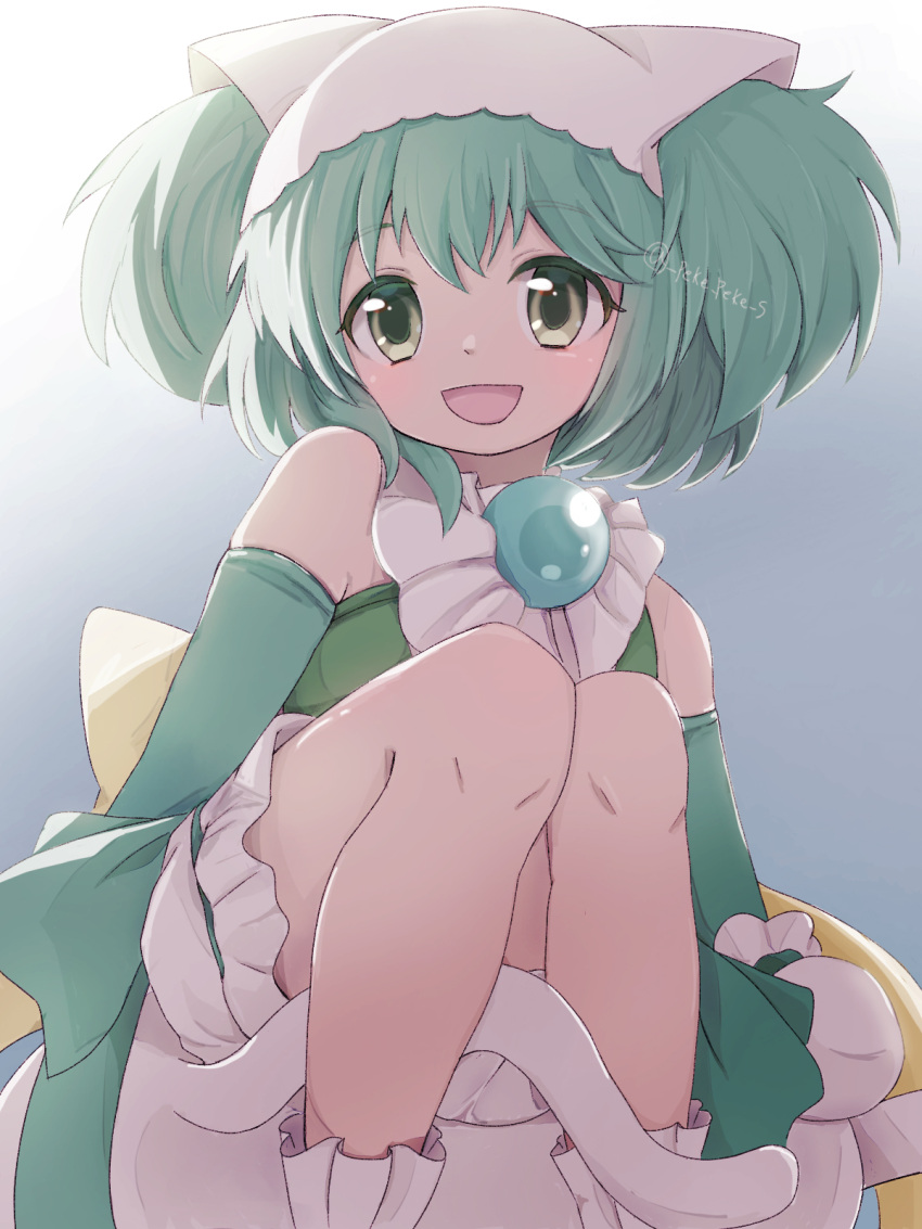 1girl, :o, amulet, bare_legs, child, detached_sleeves, green_eyes, green_hair