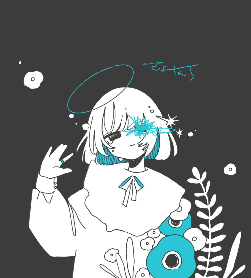 1girl, bob_cut, closed_mouth, commentary, flower, halo, hand_up, highres