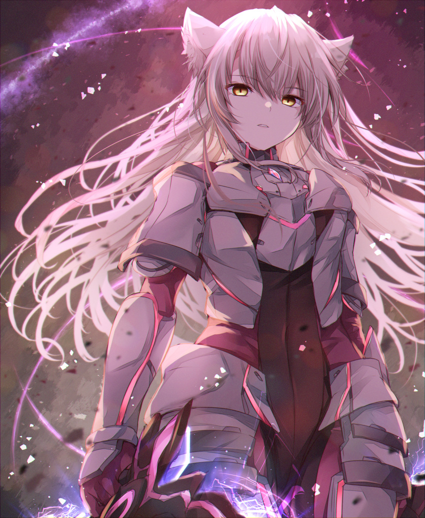1girl, animal_ear_fluff, animal_ears, armor, armored_bodysuit, bodysuit, breastplate, cat_ears