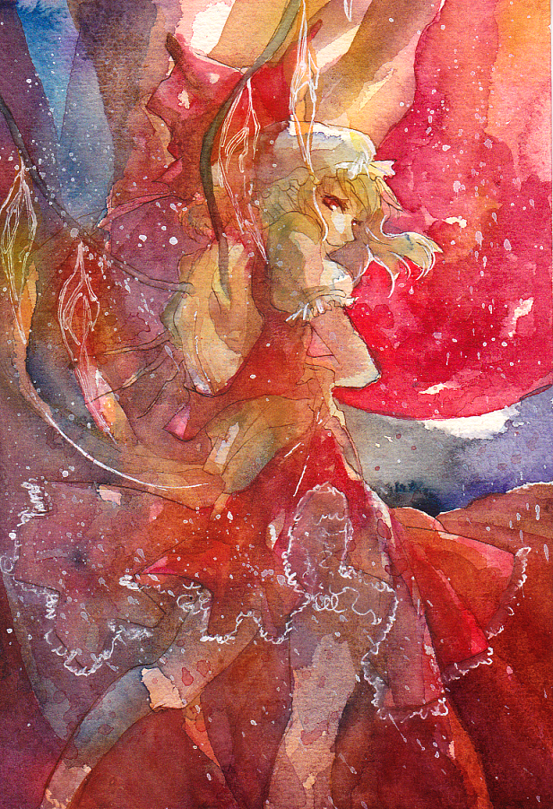 back, bad_id, blonde_hair, campanula-star, flandre_scarlet, frills, hat, looking_back