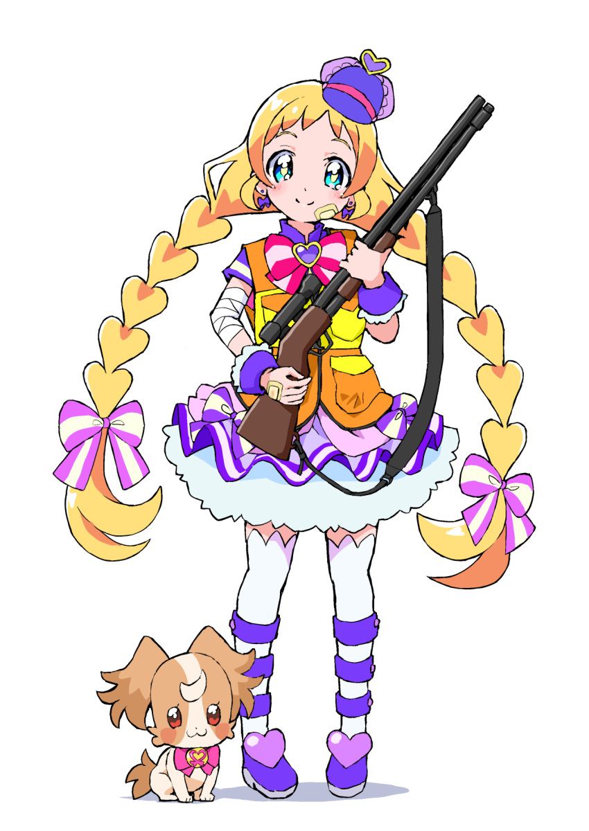 1girl, bandaged_arm, bandages, blonde_hair, blue_eyes, bow, bow_earrings, braid, closed_mouth, cure_friendy, dog, dress, earrings, full_body, gauze, gauze_on_cheek, gauze_on_hand, gun, hair_bow, hat, high-visibility_clothing, high-visibility_vest, highres, holding, holding_gun, holding_weapon, inukai_iroha, inukai_komugi, inukai_komugi_(dog), jewelry, long_hair, looking_at_viewer, magical_girl, pink_bow, precure, purple_dress, purple_hat, purple_shoes, purple_wrist_cuffs, shoes, short_sleeves, simple_background, smile, solo, split_mouth, standing, thigh-highs, tilted_headwear, twin_braids, twintails, very_long_hair, weapon, white_background, white_thighhighs, wonderful_precure!, wrist_cuffs, yakizakana10967, yellow_pupils