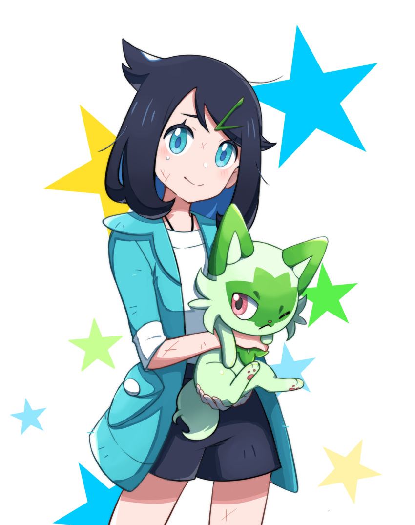 1girl, black_hair, black_shorts, blue_eyes, closed_mouth, commentary_request, cowboy_shot, cowlick