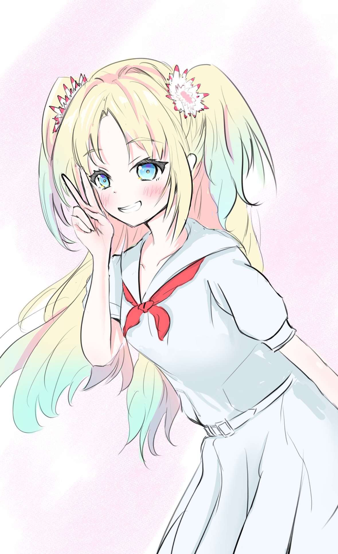 1girl, bairasu_02, blonde_hair, blue_dress, blue_hair, collarbone, cowboy_shot, dress