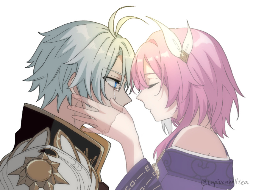1boy, 1girl, ahoge, armor, blue_eyes, chinese_commentary, coat, commentary_request