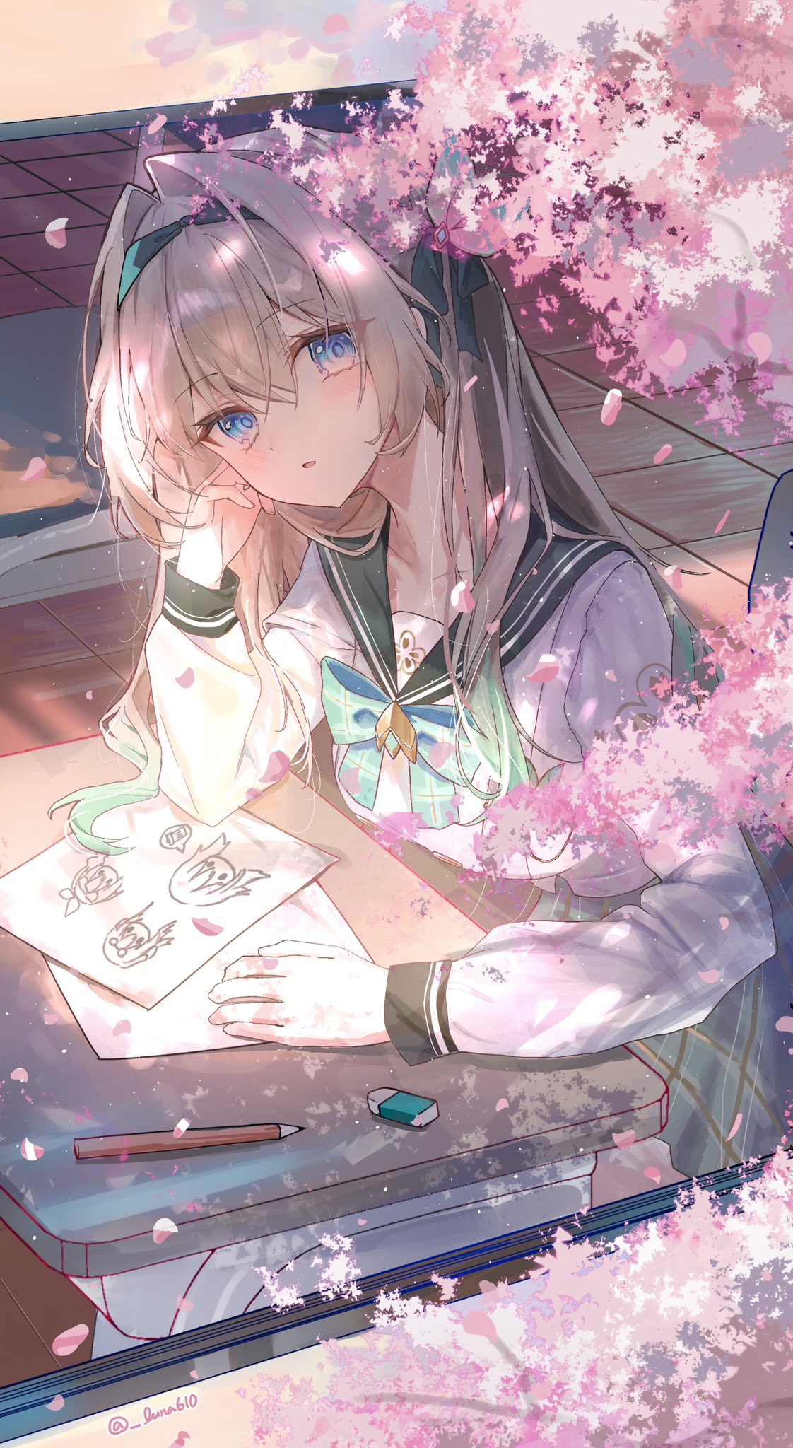 1girl, black_hairband, bow, bowtie, cherry_blossoms, collarbone, commentary_request, desk, doodled_object, eraser, facing_viewer, falling_petals, firefly_(honkai:_star_rail), firefly_(spring_missive)_(honkai:_star_rail), gradient_hair, green_bow, green_bowtie, green_hair, grey_hair, grey_sailor_collar, hair_intakes, hairband, highres, honkai:_star_rail, honkai_(series), long_hair, long_sleeves, looking_outside, looking_to_the_side, luna_(luna610), multicolored_hair, official_alternate_costume, paper, parted_lips, pencil, petals, plaid_bow, plaid_bowtie, plaid_clothes, sailor_collar, school_desk, school_swimsuit, shirt, sitting, solo, swimsuit, twitter_username, two-tone_hair, violet_eyes, white_shirt, window