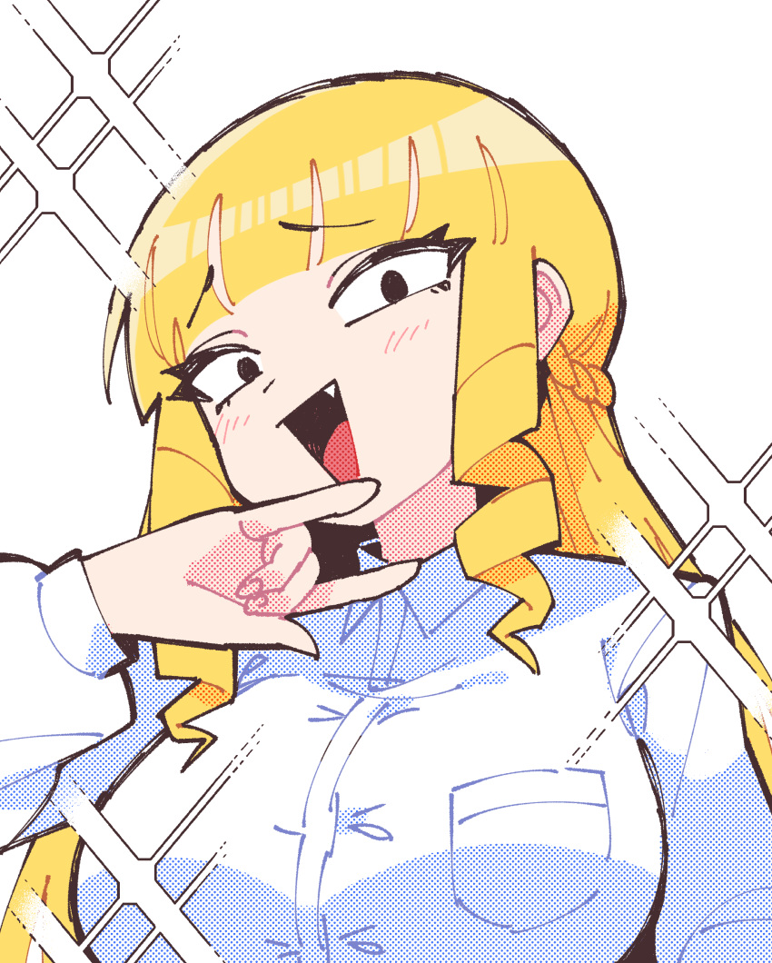 1girl, absurdres, blonde_hair, blush, breast_pocket, breasts, collared_shirt, commentary_request