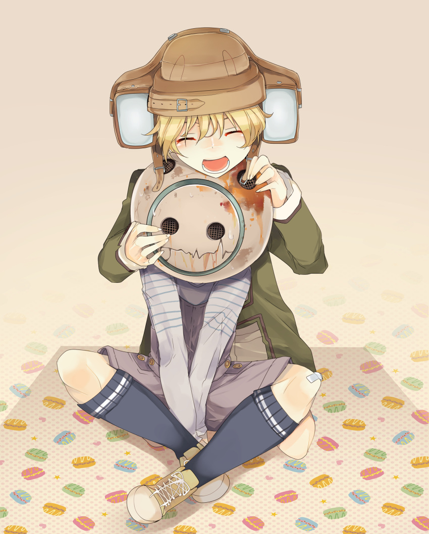 235rika, 2boys, bandaid, bandaid_on_knee, bandaid_on_leg, blonde_hair, blue_socks, brown_hat