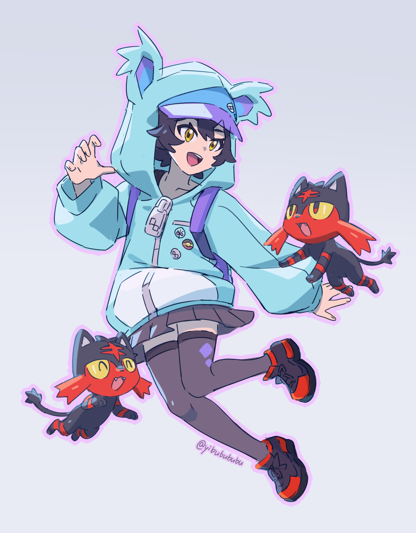 1girl, absurdres, black_hair, blue_hat, blurry, blurry_background, cat, closed_eyes, commentary_request, day, fang, grass, hair_between_eyes, hat, highres, hood, hood_up, hoodie, knees_together_feet_apart, litten, nyabiko_(pokemon), open_mouth, pokemon, pokemon_(anime), pokemon_(creature), pokemon_horizons, short_hair, signature, skirt, smile, thigh-highs, tongue, yibuzhai