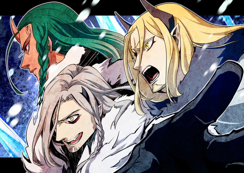 1girl, 2boys, :o, black_gloves, black_horns, braid, coat, einar_(pixiv_fantasia_last_saga)