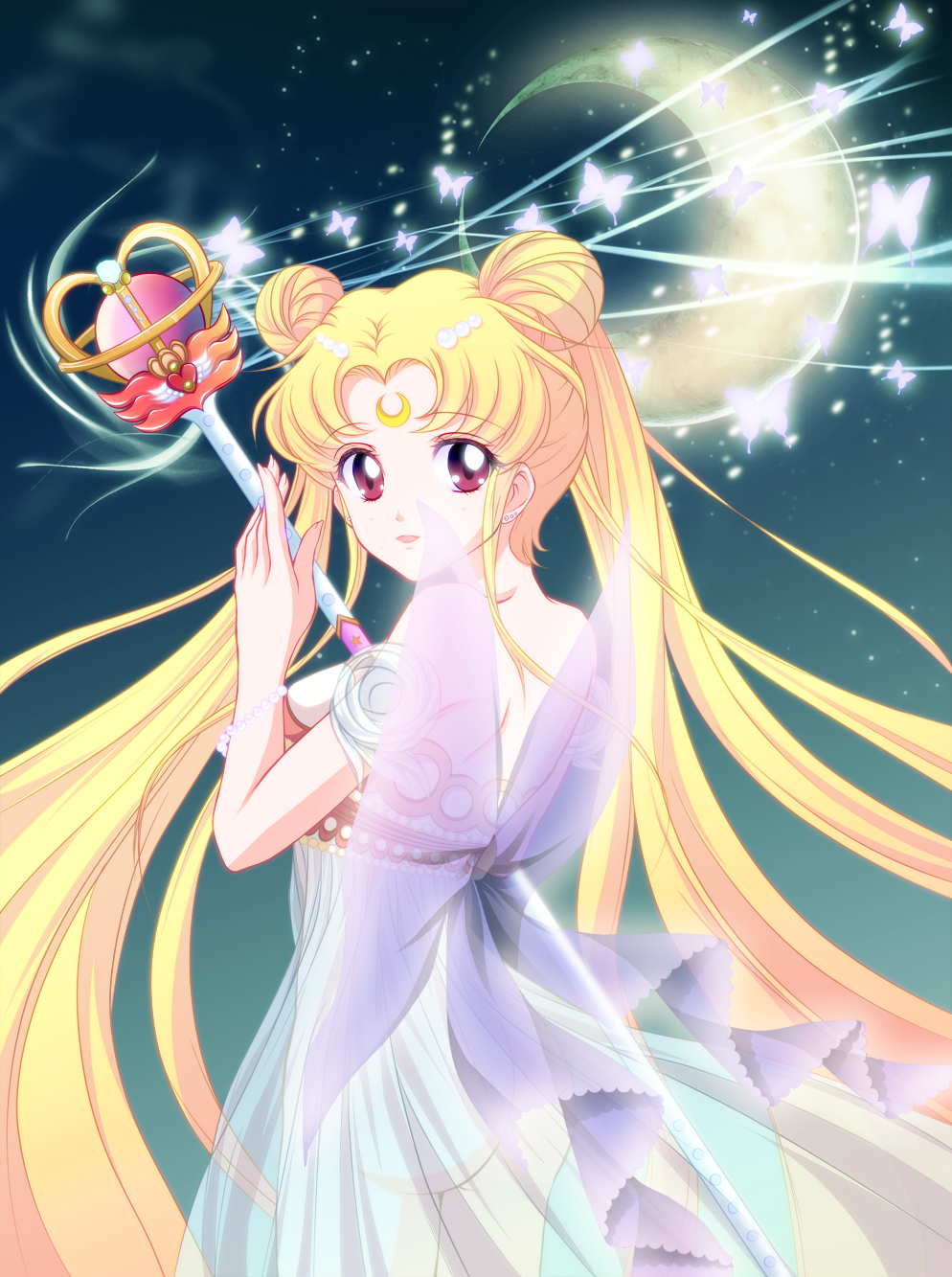 bishoujo_senshi_sailor_moon, blonde_hair, bow, bracelet, brown_eyes, butterfly, crescent_moon, double_bun, dress, earrings, eternal_tiare, facial_mark, forehead_mark, hair_ornament, hairpin, highres, jewelry, long_hair, magic, mi-ra, moon, princess, princess_serenity, ribbon, scepter, see-through, smile, solo, tsukino_usagi, twintails