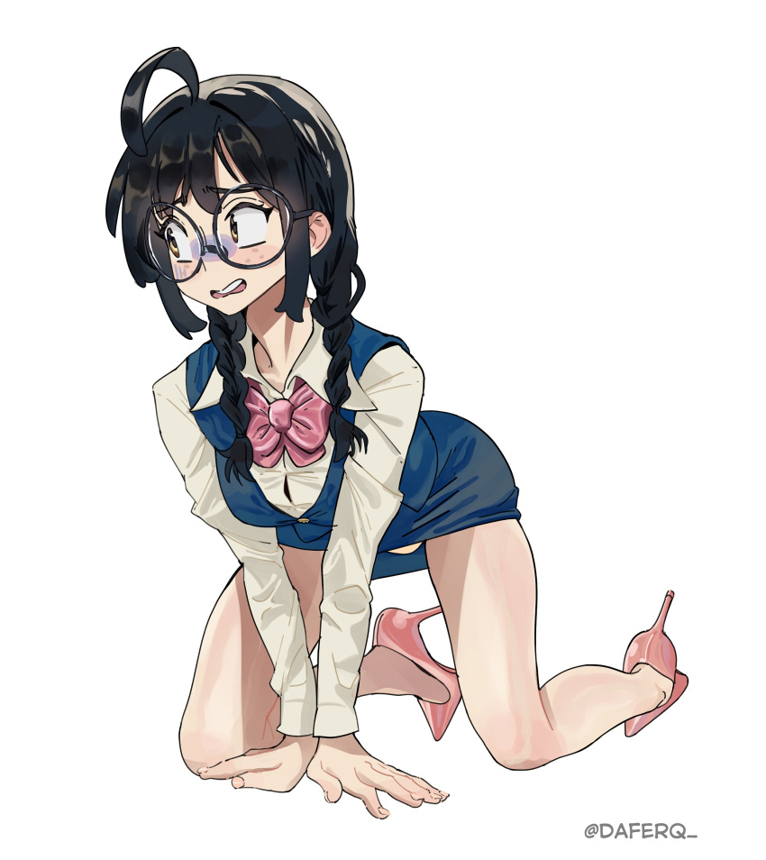 1girl, all_fours, black_hair, bow, bowtie, braid, breasts, brown_eyes, daferq, full_body, glasses, high_heels, highres, jimiko, long_hair, long_sleeves, office_lady, open_mouth, original, pencil_skirt, shirt, skirt, solo, twin_braids, white_background