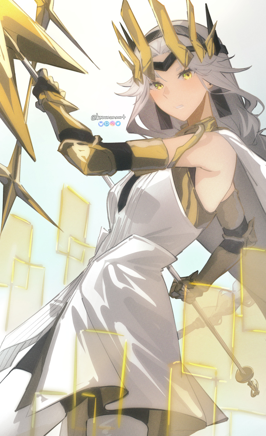 1girl, absurdres, arm_armor, cape, cowboy_shot, dress, earrings, floating_cape