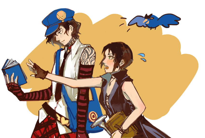 bare_shoulders, bird, blue_bird, blue_hat, book, cosplay, costume_switch, devil_may_cry_(series)