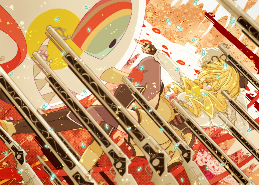 abstract, beret, blonde_hair, charlotte_(madoka_magica), drill_hair, drugs, fingerless_gloves, gloves, gun, hat, magical_musket, mahou_shoujo_madoka_magica, mokkorinko, musket, pill, puffy_sleeves, rifle, short_hair, thigh-highs, thighhighs, tomoe_mami, twintails, vertical-striped_legwear, vertical-striped_thighhighs, vertical_stripes, weapon, yellow_eyes