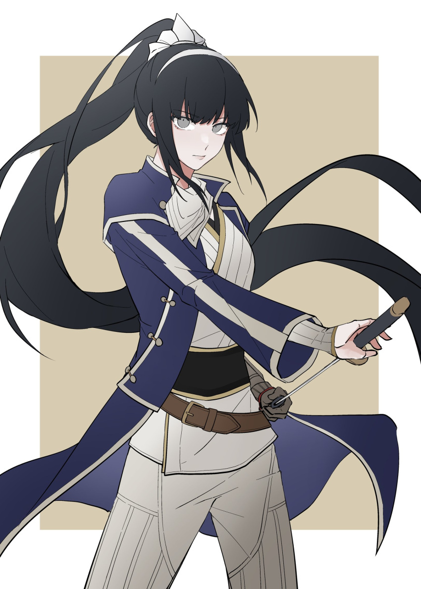 ascot, belt, black_hair, black_sash, blue_coat, border, brown_background, brown_belt