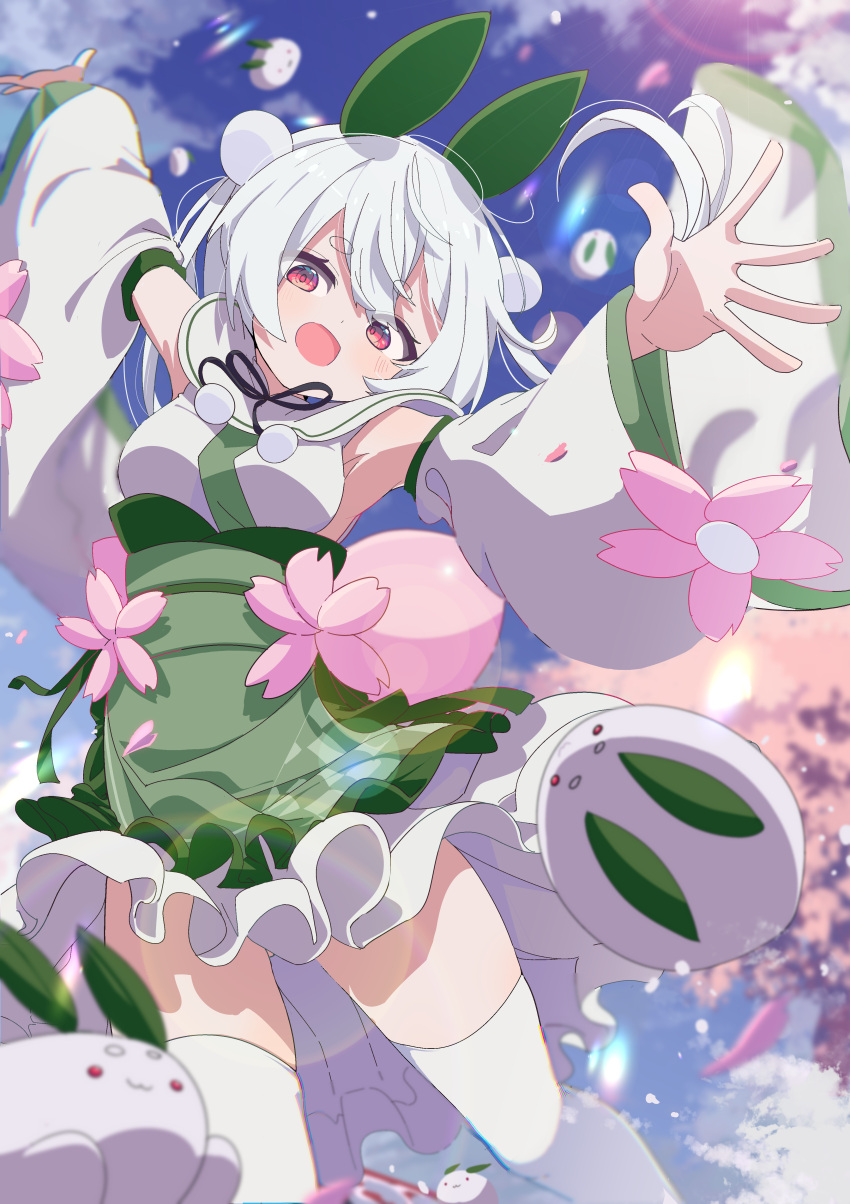 1girl, absurdres, animal_ears, armpits, black_ribbon, blue_sky, blurry, breasts