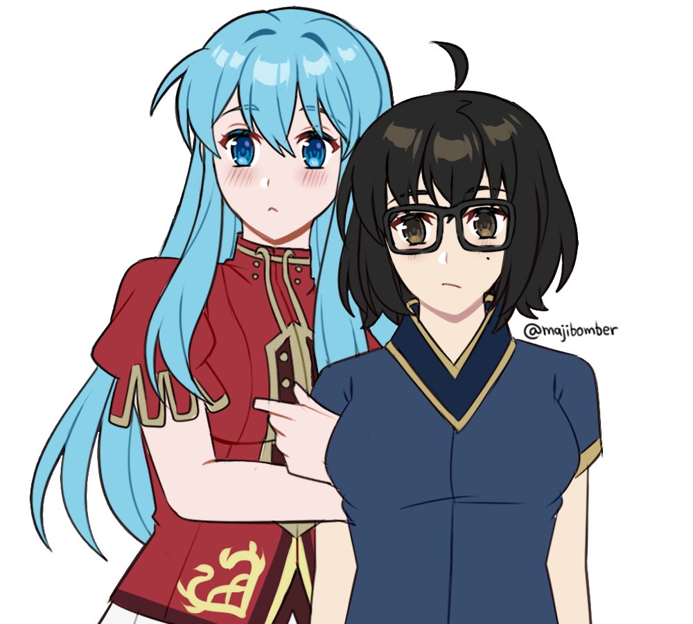 2girls, ahoge, artist_name, black_hair, blue_eyes, blue_hair, blue_shirt, blush