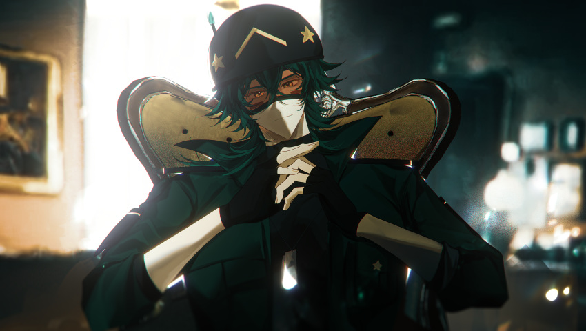 1boy, absurdres, backlighting, black_gloves, black_hat, black_helmet, black_shirt, brown_eyes