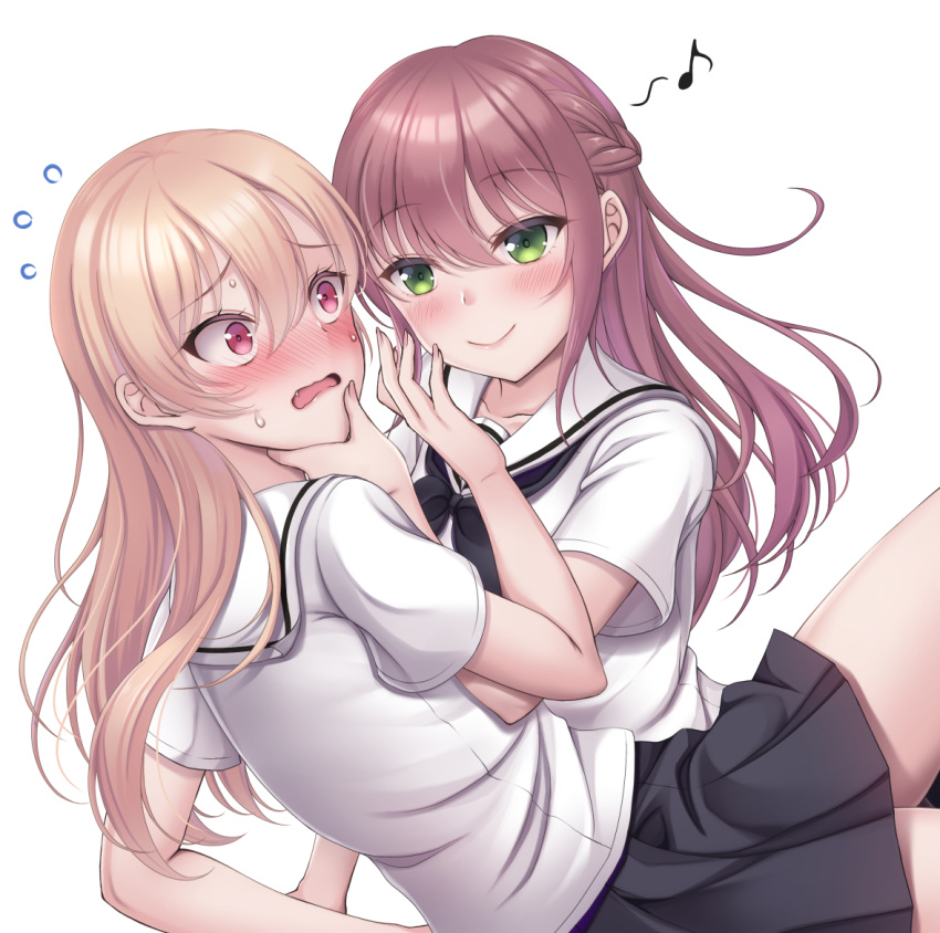 2girls, black_skirt, blonde_hair, blush, brown_hair, fang, flying_sweatdrops, green_eyes