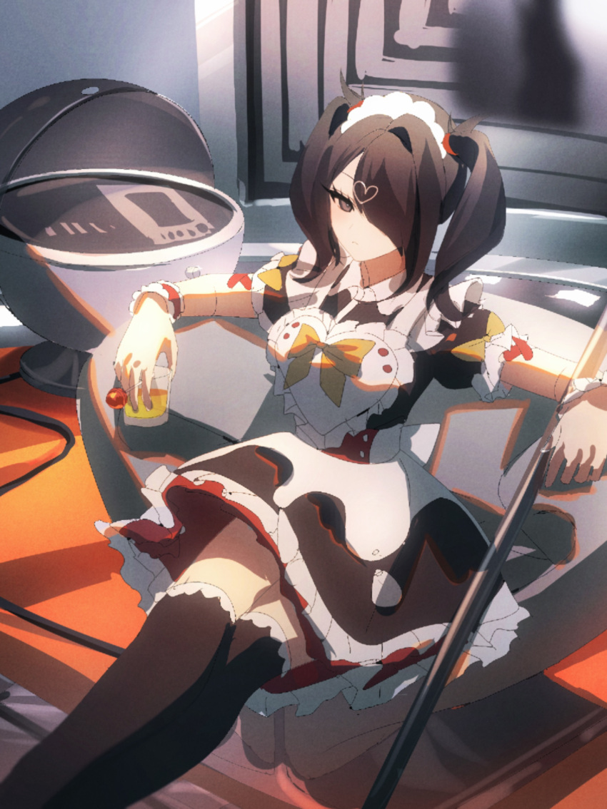 1girl, absurdres, ame-chan_(needy_girl_overdose), apron, black_dress, black_eyes, black_hair, black_thighhighs