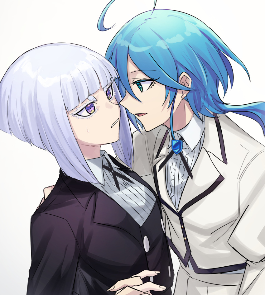 2girls, ahoge, aoki_shizumi, black_jacket, blue_eyes, blue_hair, collared_shirt, commentary