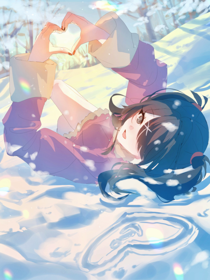 1girl, :d, absurdres, ame-chan_(needy_girl_overdose), black_eyes, black_hair, black_nails, coat, commentary, day, four-finger_heart_hands, hair_ornament, hair_over_one_eye, heart, heart_hands, highres, junpaku_karen, long_hair, nail_polish, needy_girl_overdose, open_mouth, outdoors, pink_coat, red_nails, smile, snow, solo, twintails, x_hair_ornament