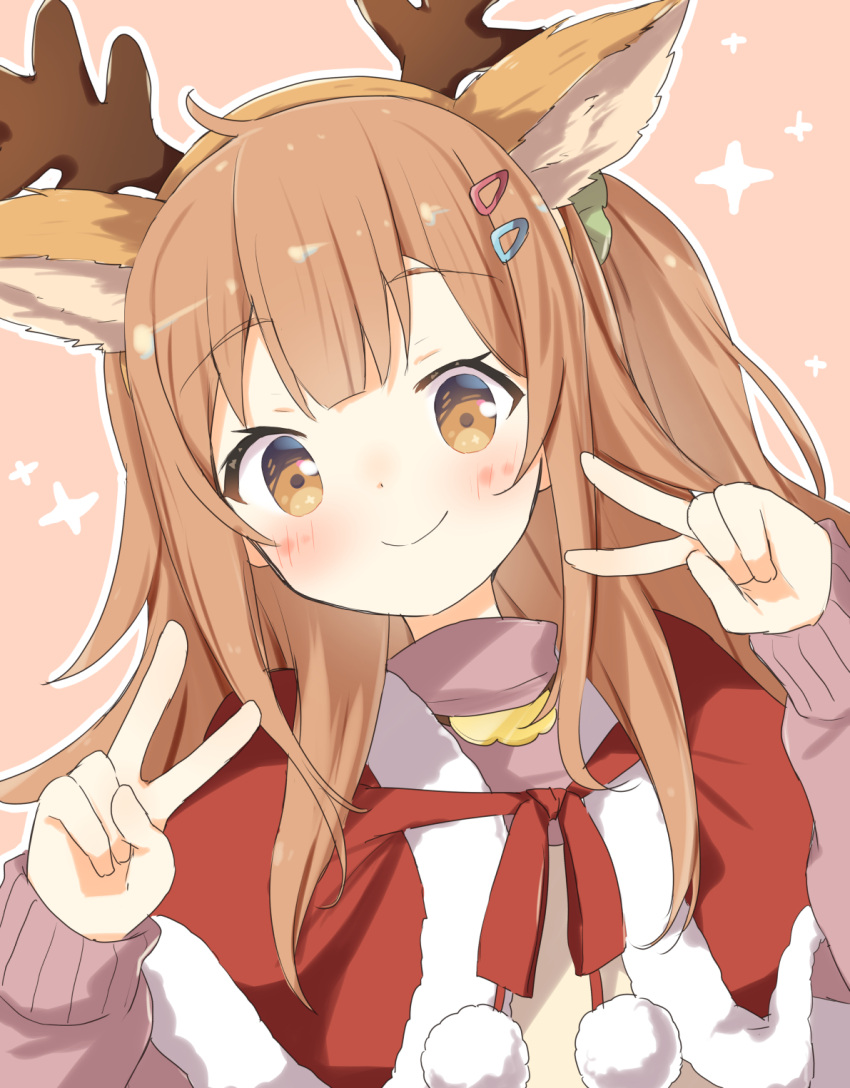 1girl, ahoge, animal_costume, animal_ear_hairband, animal_ears, antlers, brown_eyes, brown_hair