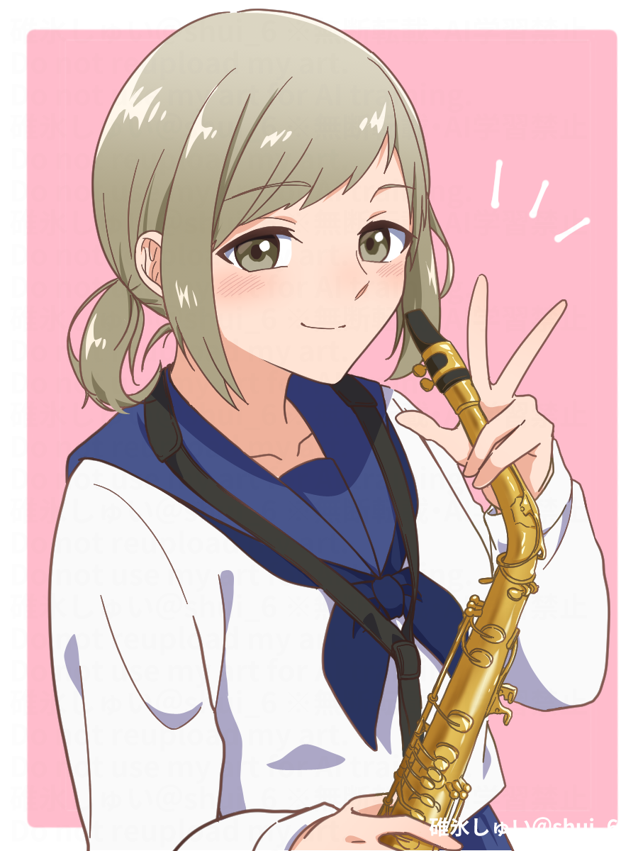 1girl, blue_neckerchief, blue_sailor_collar, border, brown_eyes, brown_hair, closed_mouth, etra-chan_wa_mita!