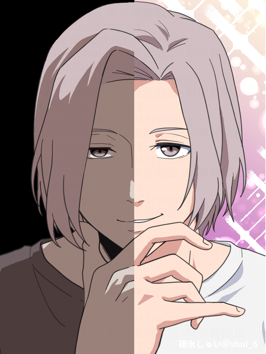 1boy, black_background, brown_shirt, etra-chan_wa_mita!, forehead, gradient_background, grin, highres