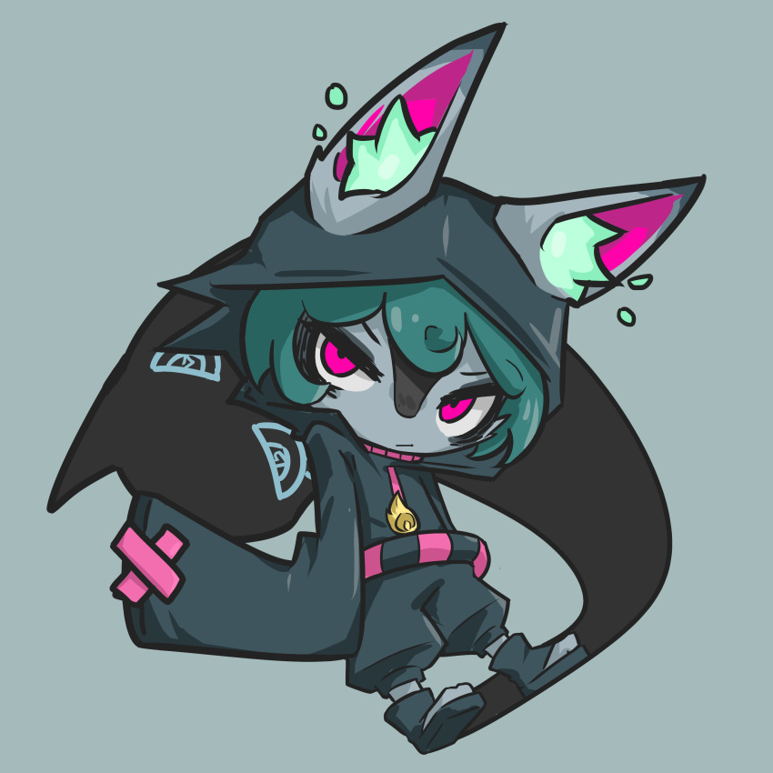 1girl, 1other, absurdres, animal_ear_fluff, black_hoodie, black_pants, closed_mouth, colored_skin