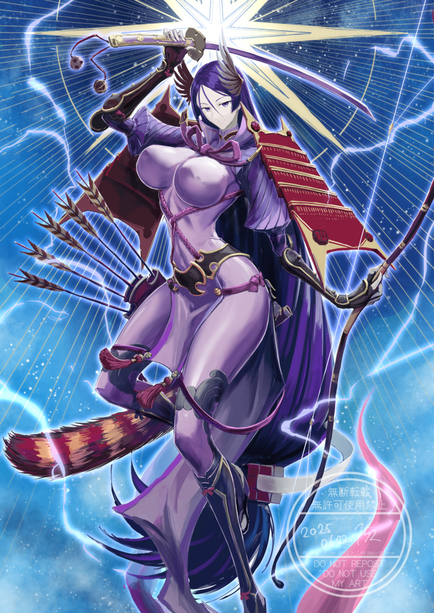 152_in_can, 1girl, armor, black_gloves, bodysuit, boots, bow_(weapon), breasts, covered_navel, doujigiri_yasutsuna_(fate), fate/grand_order, fate_(series), fingerless_gloves, full_body, gloves, hair_ornament, high_heels, highres, holding, holding_bow_(weapon), holding_sword, holding_weapon, japanese_armor, katana, large_breasts, loincloth, long_hair, looking_at_viewer, low-tied_long_hair, minamoto_no_raikou_(fate), minamoto_no_raikou_(third_ascension)_(fate), onikiri_yasutsuna_(fate), parted_bangs, purple_bodysuit, purple_hair, purple_rop, ribbed_sleeves, rope, samurai, shoulder_armor, smile, solo, standing, sword, very_long_hair, violet_eyes, weapon, winged_hair_ornament