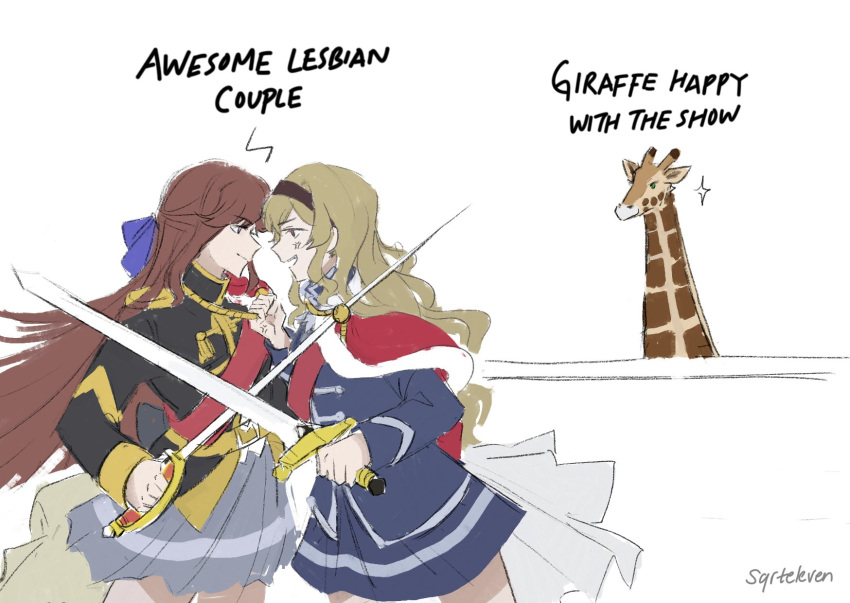 2girls, aiguillette, anger_vein, artist_name, awesome_lesbian_couple_(meme), black_hairband, black_jacket, blonde_hair
