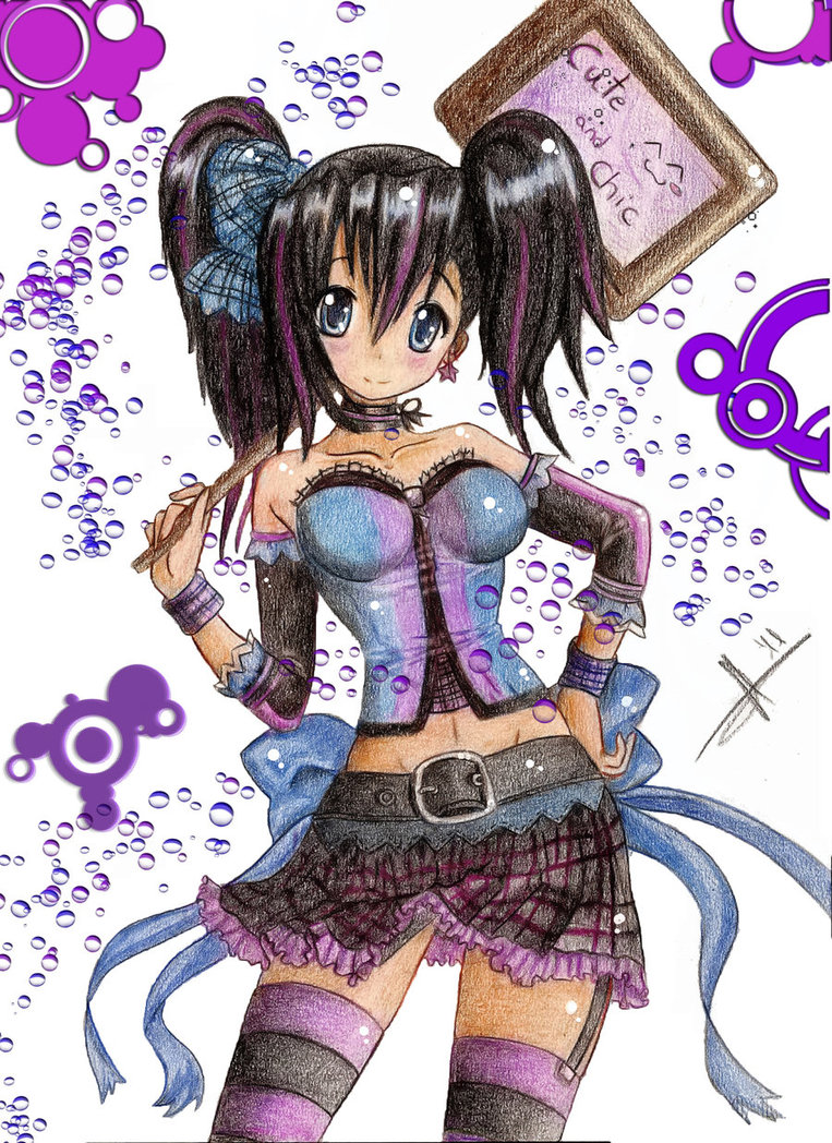 anime_girl, bare_shoulders, belt, black_hair, blue_eyes, blush, bustier, choker, collarbone, corset, cute, detached_sleeves, earring, earrings, hair_ribbon, highlights, jewelry, midriff, original, ribbon, skirt, smile, solo, striped, striped_legwear, striped_thighhighs, thighhighs, traditional_media, twintails