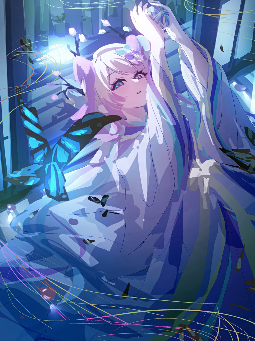 1girl, absurdres, blonde_hair, blue_eyes, chouzetsusaikawa_tenshi-chan, commentary, gekkou_chou, highres, horns, japanese_clothes, junpaku_karen, kimono, needy_girl_overdose, open_mouth, pink_hair, solo, white_kimono