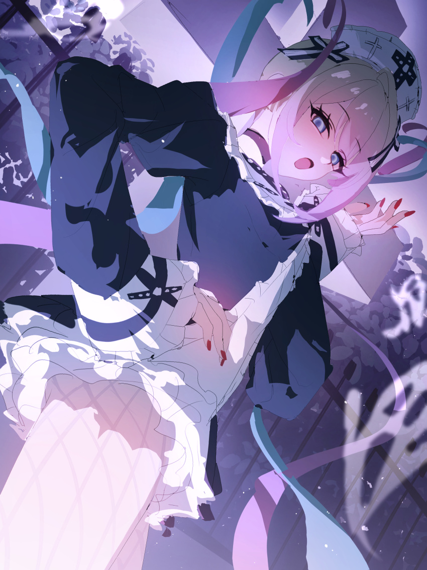 1girl, :o, absurdres, black_choker, black_dress, blonde_hair, blue_eyes, blue_hair, choker, chouzetsusaikawa_tenshi-chan, chouzetsusaikawa_tenshi-chan_(gothic_lolita), commentary, dress, fence, gate, ghost, graveyard, hair_ornament, halloween, hand_on_own_hip, hat, highres, junpaku_karen, long_hair, long_sleeves, multicolored_hair, nail_polish, needy_girl_overdose, nun, nurse_cap, open_mouth, pink_hair, quad_tails, red_nails, red_pupils, solo, unfinished, white_headdress
