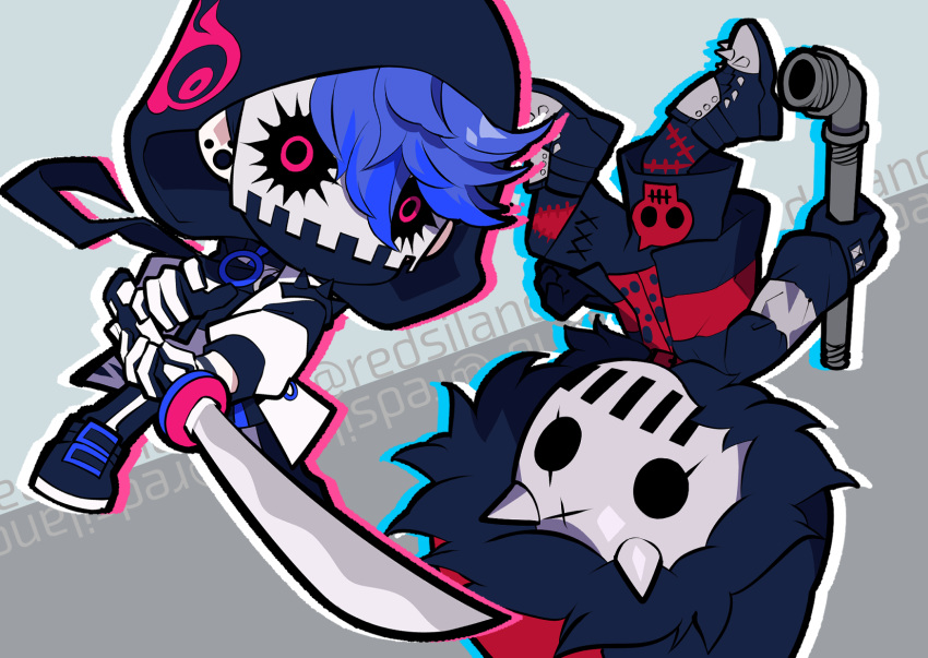 2boys, akagi_(redsiland), black_gloves, black_jacket, black_shoes, blue_hair, chibi, chibi_only