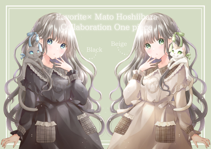 2girls, artist_name, black_dress, blue_eyes, blue_ribbon, brown_dress, cat, commentary_request