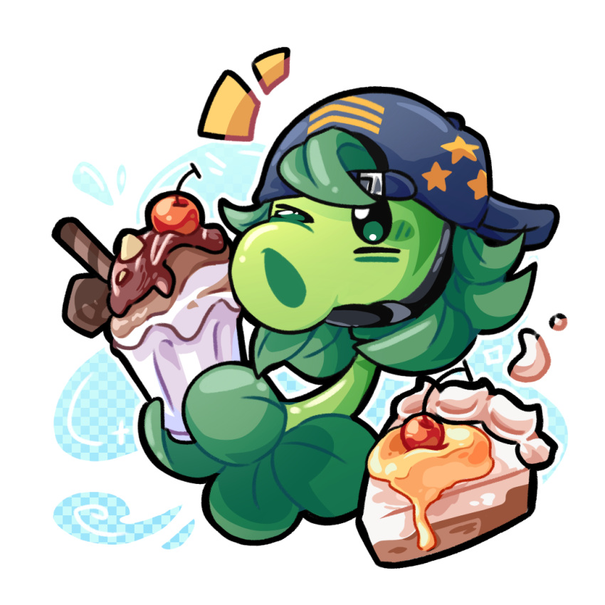 >_o, backwards_hat, baseball_cap, black_eyes, black_hat, blue_background, cake, cake_slice