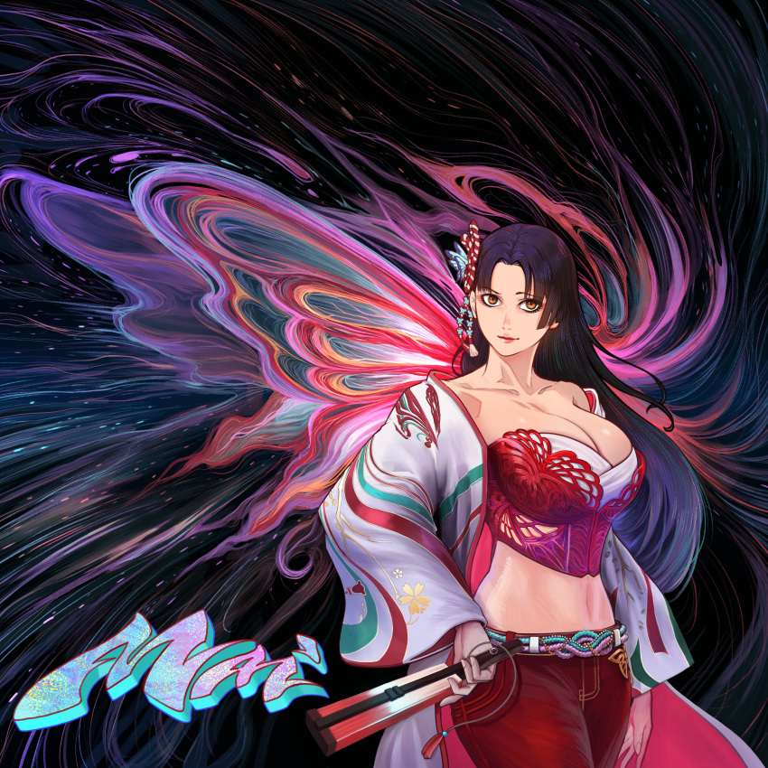 1girl, absurdres, breasts, bustier, butterfly_hair_ornament, butterfly_wings, character_name, fatal_fury