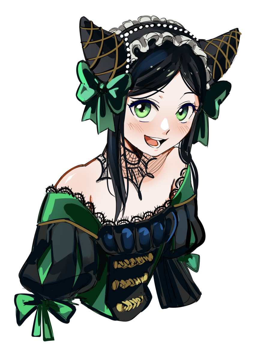 1girl, absurdres, black_hair, black_trim, bow, cone_hair_bun, dress, frills