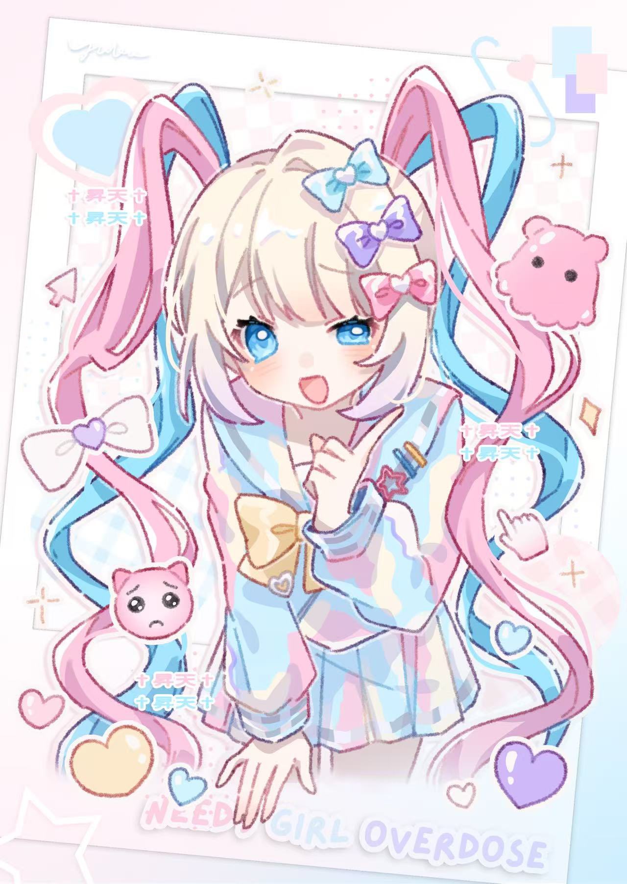 1girl, :d, aegyo_sal, blonde_hair, blue_eyes, blue_hair, blue_serafuku, bow, cat, chest_belt, chouzetsusaikawa_tenshi-chan, colored_tips, cursor, doodle_inset, english_text, fake_photograph, ghost, hair_bow, half-closed_eye, heart, highres, index_finger_raised, looking_at_viewer, multicolored_hair, multiple_hair_bows, needy_girl_overdose, outside_border, pastel_colors, pink_hair, quad_tails, school_uniform, serafuku, smile, solo, sparkling_eyes, yukomeow