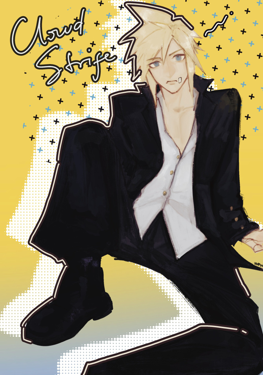 1boy, absurdres, bandaid, bandaid_on_face, black_pants, black_shoes, blonde_hair, blue_eyes