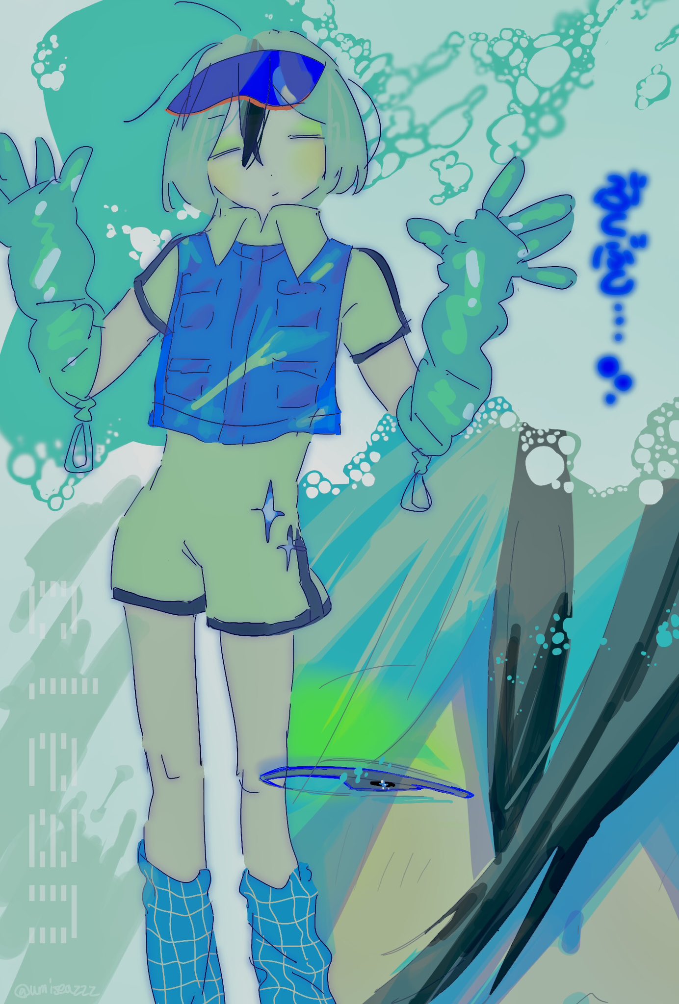 1girl, blue_socks, blue_vest, bubble_background, closed_eyes, closed_mouth, elbow_gloves, english_text
